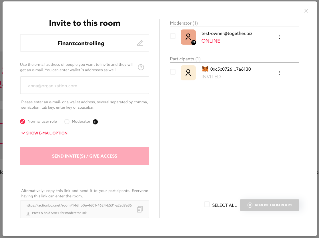 Schritt 2: Nachdem Sie den Button â⊠GIVE ACCESSâ angeklickt haben, bekommt der Wallet-Nutzer sofort Zugriffsrechte. Er erscheint in der Liste rechts.