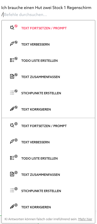 Menü KI-Assistent im Textboard