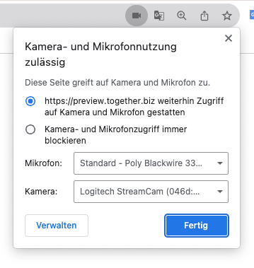 URL-Leiste in Chrome: Klick auf Kamera-Icon öffnet Einstellungs-Dialog, mit “Verwalten” geht es zu Änderungen.