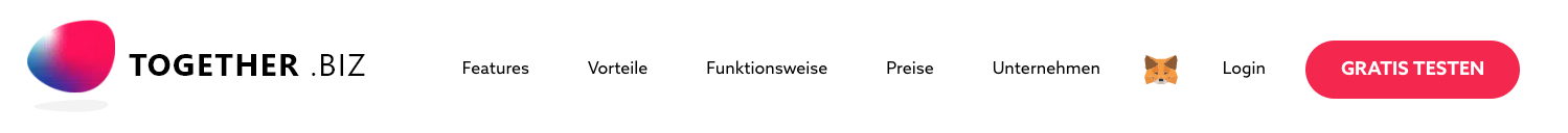 Login-Button mit Metamask-Logo in der oberen Navigation der Together-Website.